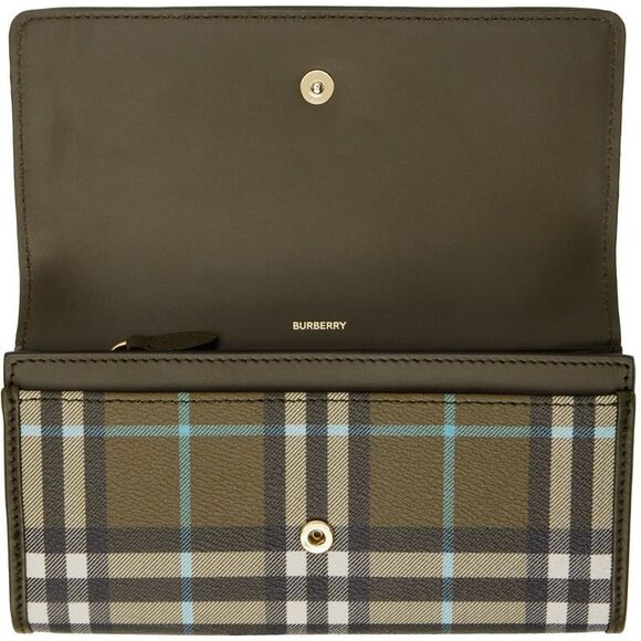 New Burberry Calf Leather Halton Check Continental Wallet Green Snug $720 - Picture 4 of 10